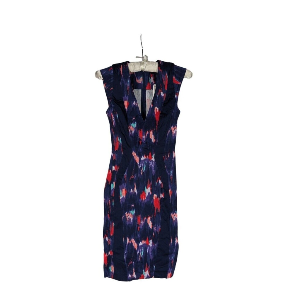 French Connection Navy Abstract Watercolor Ikat V-Neck Sheath Dress Size 0 NWT